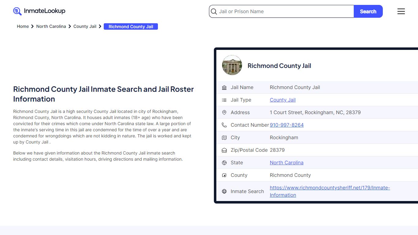 Richmond County Jail (NC) Inmate Search North Carolina - Inmate Lookup